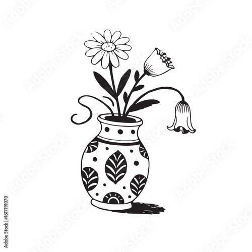 A black and white line art illustration of a delicate ceramic vase Silhouette vector design. 