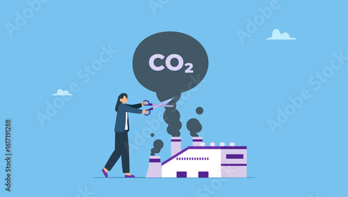 Businesswoman uses scissors to cut air pollution, co2 , ecological problems. Air pollution with carbon dioxide concept, Cutting harmful industry emissions with large scissors.