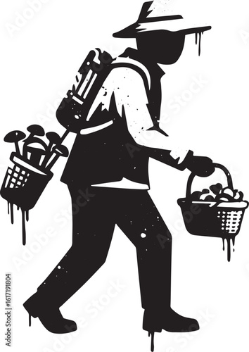 Silhouette illustration of person foraging mushrooms with basket