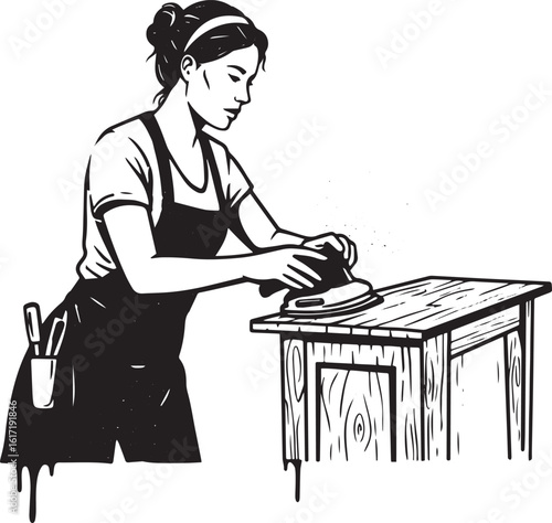 Woman refinishing wooden furniture with electric sander in monoc