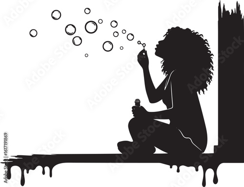 Silhouette of a curly-haired woman blowing bubbles in a stylized