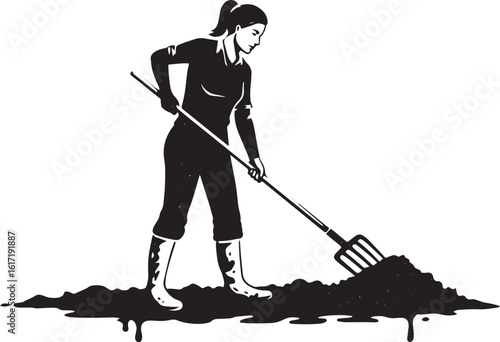 Graphic illustration of a woman using a pitchfork in an agricult