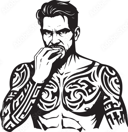 Anxious tattooed man biting his nails in a stylized vector illus
