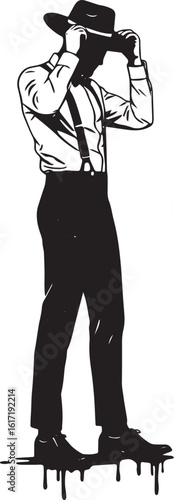Monochromatic illustration of a man adjusting his hat with retro
