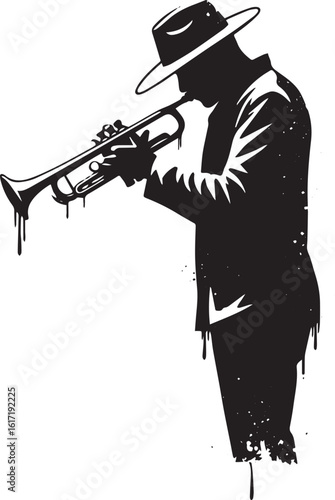 Monochrome silhouette showcases a trumpeter in a hat, captured w