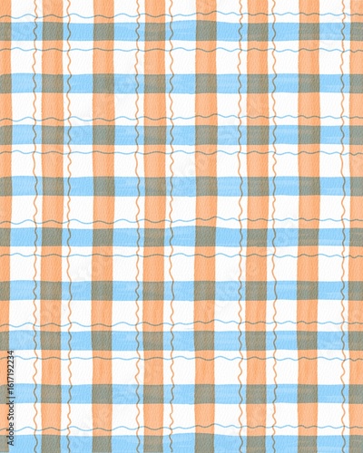 Watercolor wavy gingham pattern in warm orange and blue tones