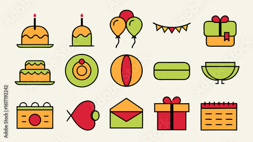 Collection of simplified line graphics representing various aspects of party planning and celebration events for design projects