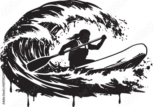 Dynamic whitewater action a silhouette of a woman paddling in a