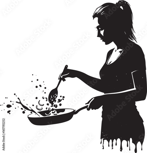 Monochrome culinary preparation depicting a woman expertly stirr