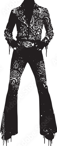 Stylish monochrome fashion ensemble with paisley and splattered