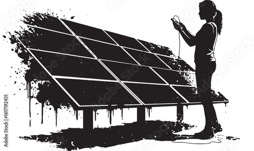 Sustainable Energy Future: Woman with Solar Panel Connecting for