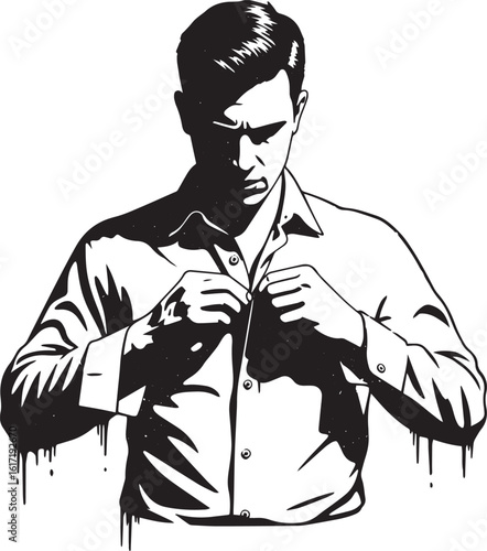 Monochromatic illustration of a man buttoning a dress shirt in s