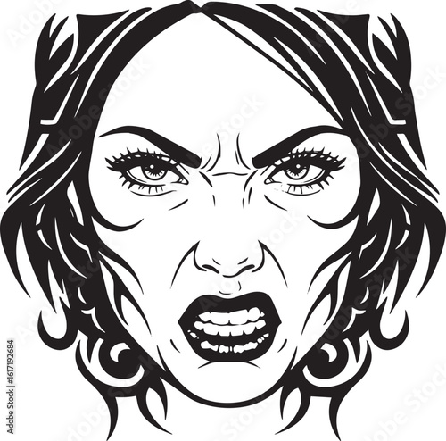 Expressive monochrome portrait of a woman conveying intense ange