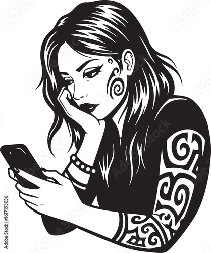 Monochrome portrait of a thoughtful woman absorbed in her mobile