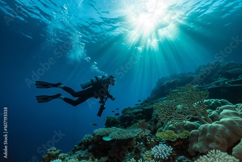 Wallpaper Mural Scuba Diver Silhouetted Against Bright Ocean Sunburst Torontodigital.ca