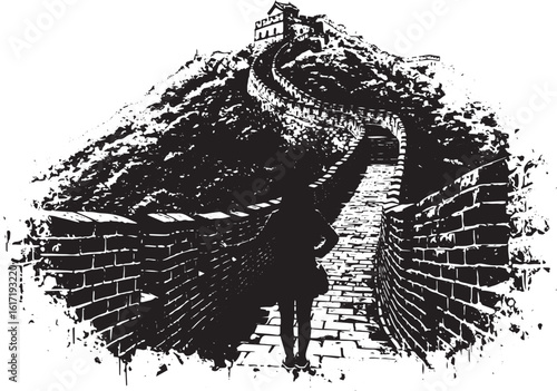 Woman Walking the Great Wall of China in Artistic Black and Whit