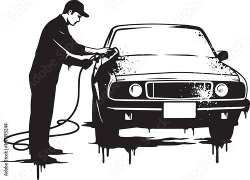 Monochrome automotive care artwork depicting a man cleaning clas