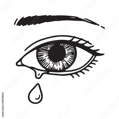 A detailed black line art drawing of a single eye with a tear falling from the lower eyelid Silhouette vector design.