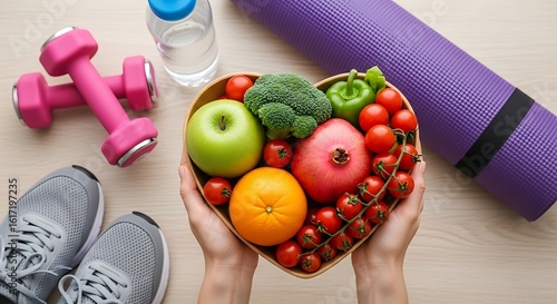 Heartshaped bowl of fruits and vegetables next to fitness items