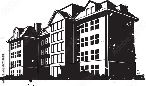 Monochrome architectural building illustration with grungy and a