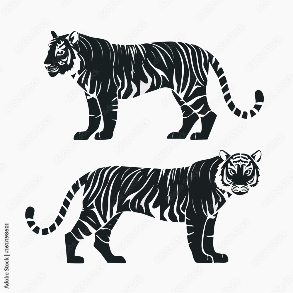 Fototapeta premium Two powerful tigers in striking silhouette design, perfect for wildlife conservation themes or dynamic graphic elements