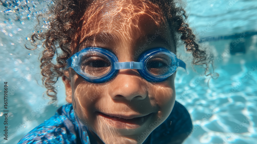 Fototapeta premium Happy Child Swimming Underwater, Light Reflections Dancing on Face, Wearing Goggles