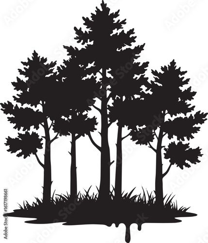 Monochrome woodland group silhouette, a coniferous trees abstrac