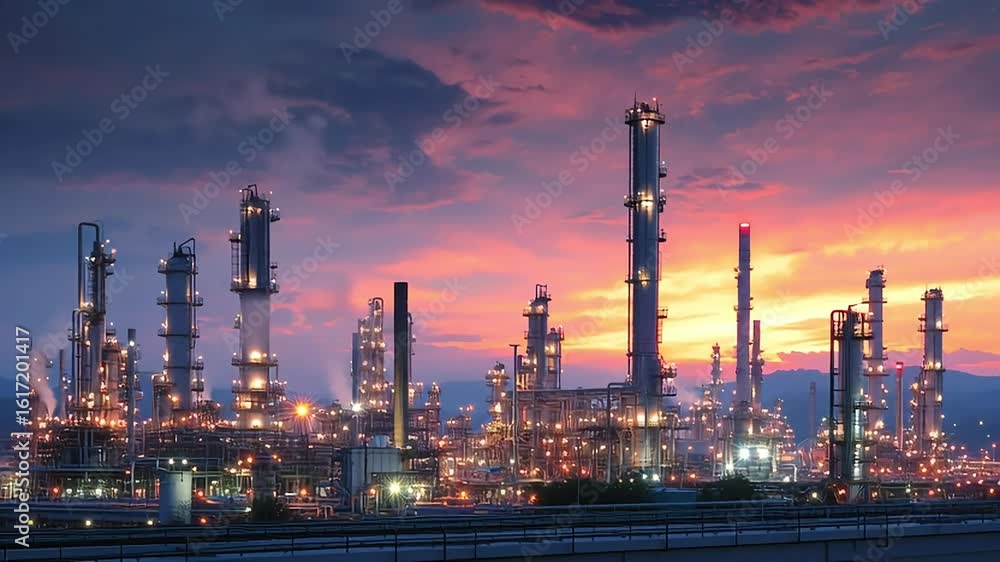 Sunset Over Industrial Complex with Refinery and Towers in Horizon with ai generated Sunset Over Industrial Complex with Refinery and Towers in Horizon with ai generated