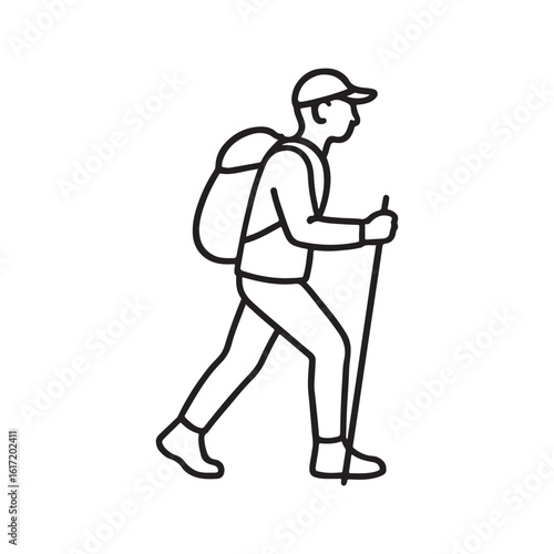 Line drawing of a hiker with backpack and trekking pole walking
