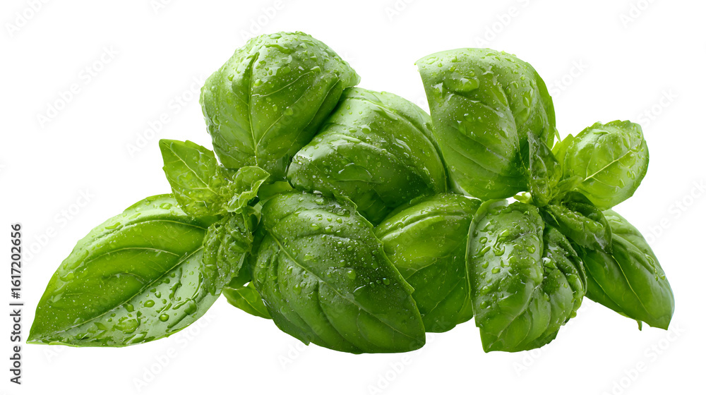 Fototapeta premium Fresh Green Basil Leaves Water Droplets
