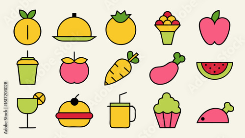 Comprehensive collection of culinary and beverage symbols perfect for restaurant menus food blogs and dining establishments presented in a clean graphic format