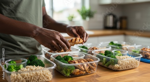 A person preparing their meals for the week, neatly arranging grilled chicken, steamed broccoli, and brown rice into several food containers.