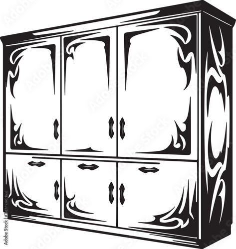 Ornate kitchen cabinet illustration with decorative scrollwork d