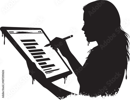 Digital artist silhouette creating artwork on tablet with stylus