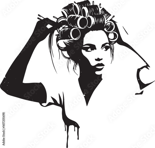 Monochromatic portrait of a woman styling her hair with rollers