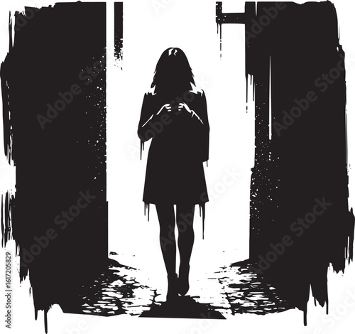 Black and white stylized illustration of a solitary woman walkin