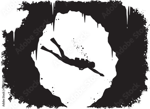 Silhouette of diver exploring a dark cave with stalactites, crea