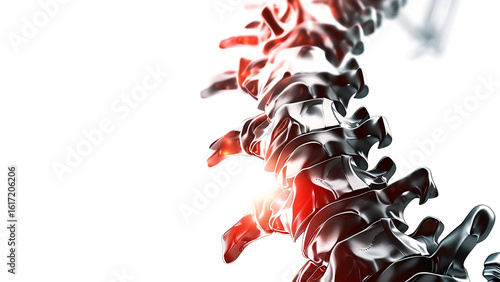 Abstract metallic human spine with highlighted painful areas, representing back pain and spinal conditions