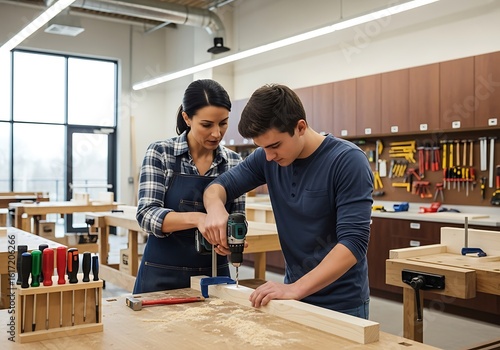 Female Teacher In An Apron Guides A Teenage Male Student On How To Safely Use A Power Drill In A Bright, Modern High School Woodshop Classroom, Vocational Education, Student Learning, Practical Skills