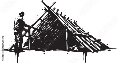 Monochromatic construction scene: Man building wooden structure