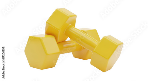 3d icon of a pair of yellow hexagonal dumbbells are placed together, isolated on a transparent background
