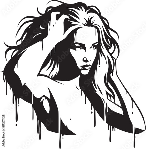 Monochrome artistic rendering of a woman with flowing hair and d