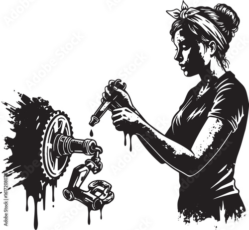 Empowered woman mechanic repairing bicycle parts with precision