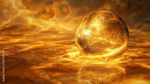 A surreal image of a crystal orb slowly forming life inside suspended in warm golden fluid