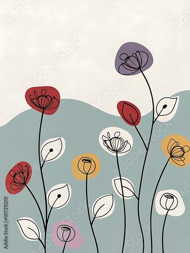 Abstract Floral Illustration with Colorful Flowers and Black Lines on Blue