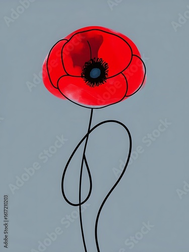 Minimalist Red Poppy Flower Illustration on Grey Background with Black Outline
