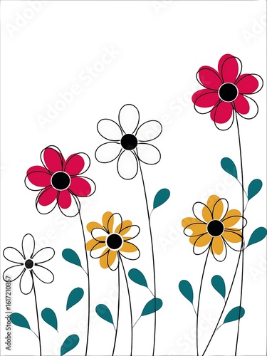 Simple Flower Illustration with Red Yellow and White Flowers on White