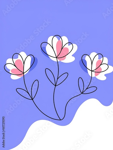 Minimalist Floral Illustration with Pink Accents on a Purple Background
