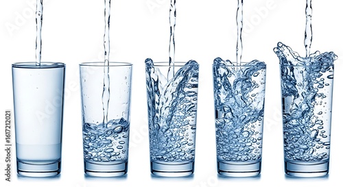 Five glasses of water each at a different stage of being filled