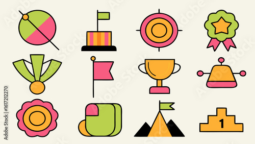 Comprehensive collection of business objective achievement symbols including targets goals and success indicators in vibrant cmyk colors